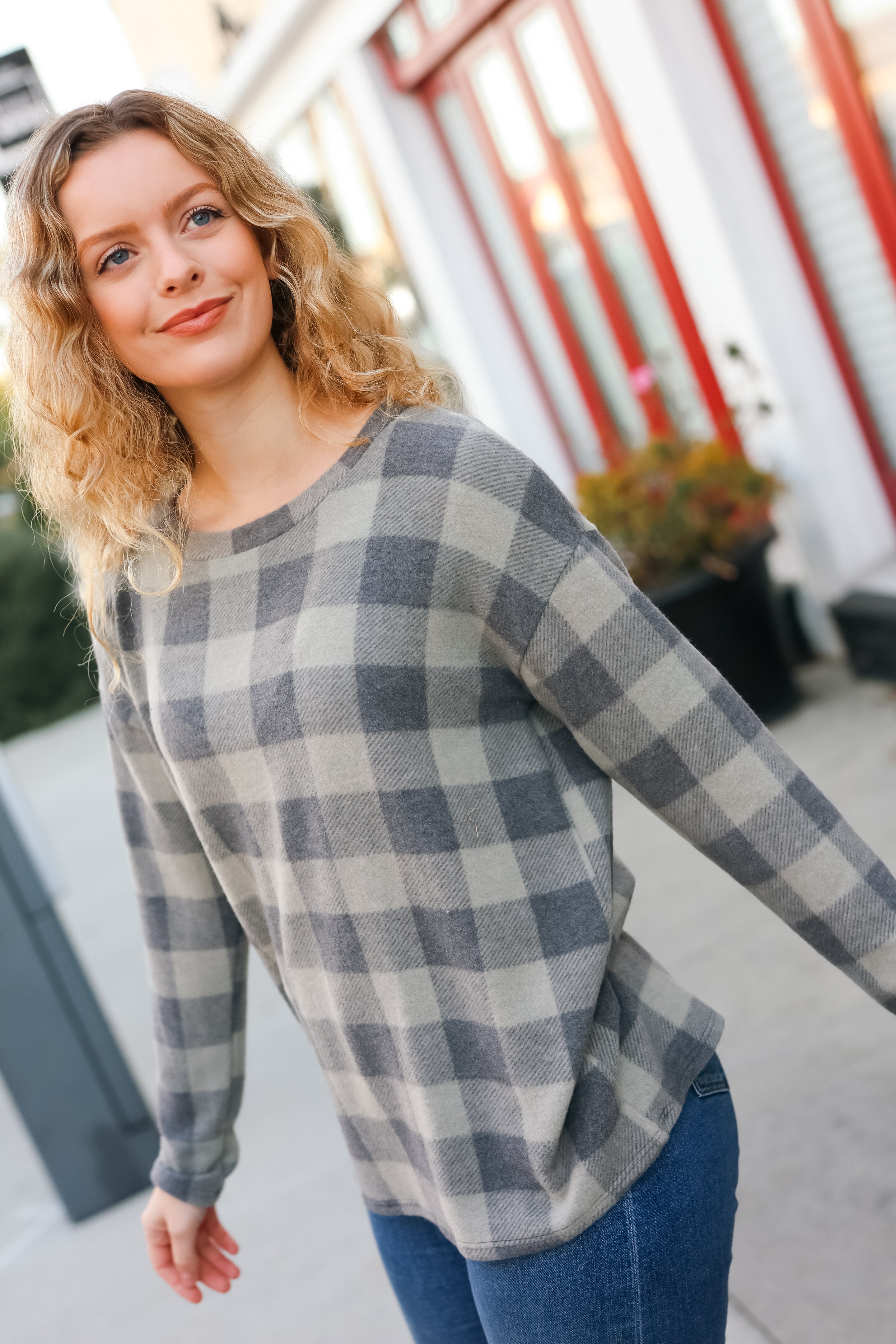Maxct &Check It Out Olive Grey Checker Plaid Hacci Pullover