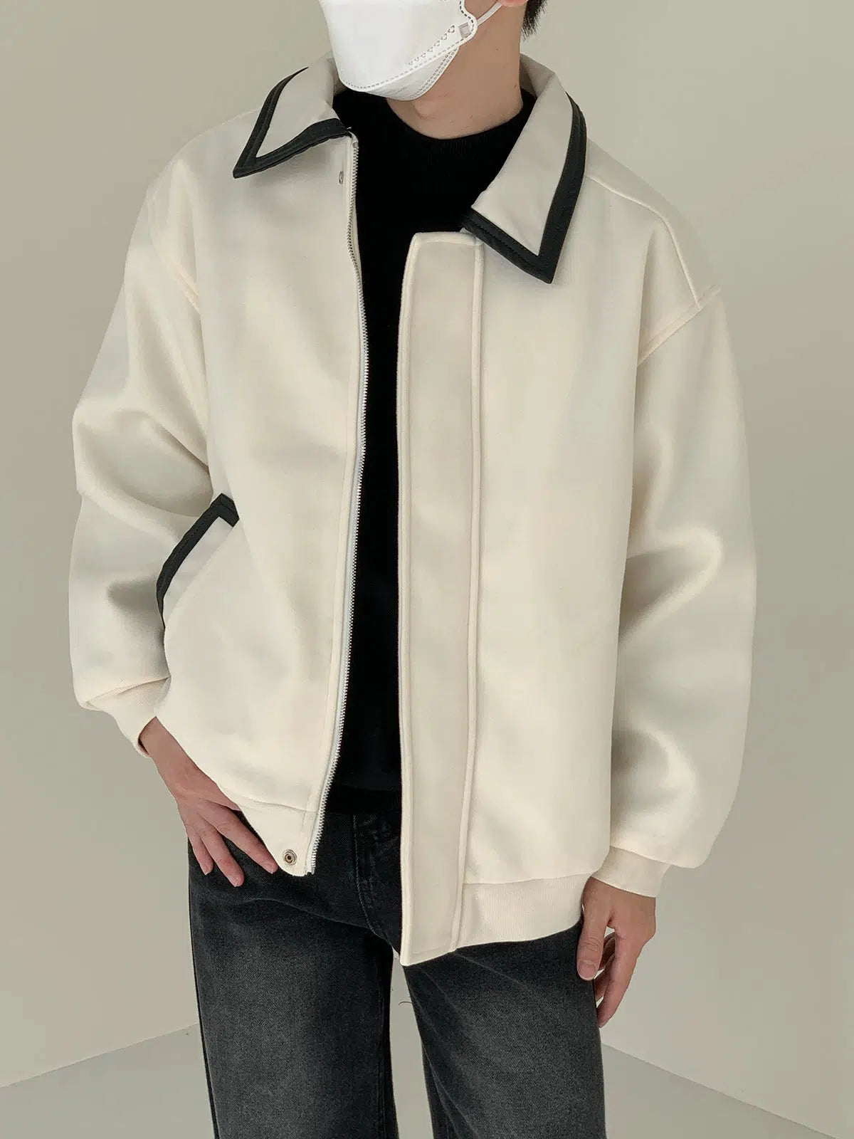 Maxct Contrast Color PU Leather Collar Wool Jacket