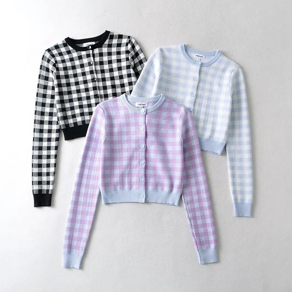 Maxct Checkered Button Front Knit Crop Cardigan