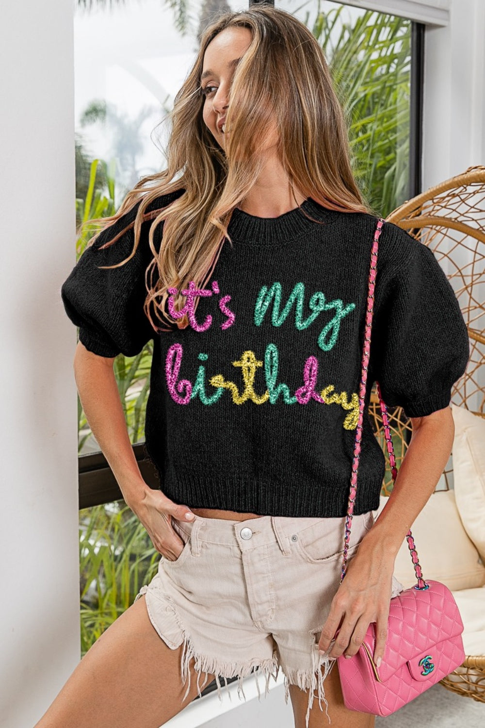 Maxct &BiBi Metallic Letter Puff Sleeve Hairy Sweater