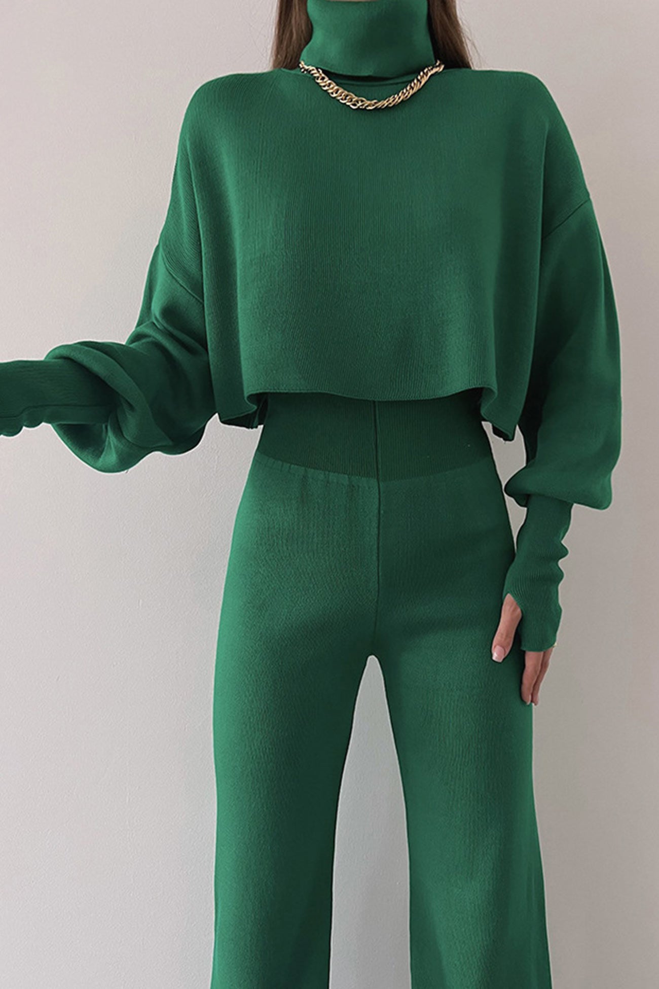 Maxct Solid High Neck Crop Top Long Pants Set