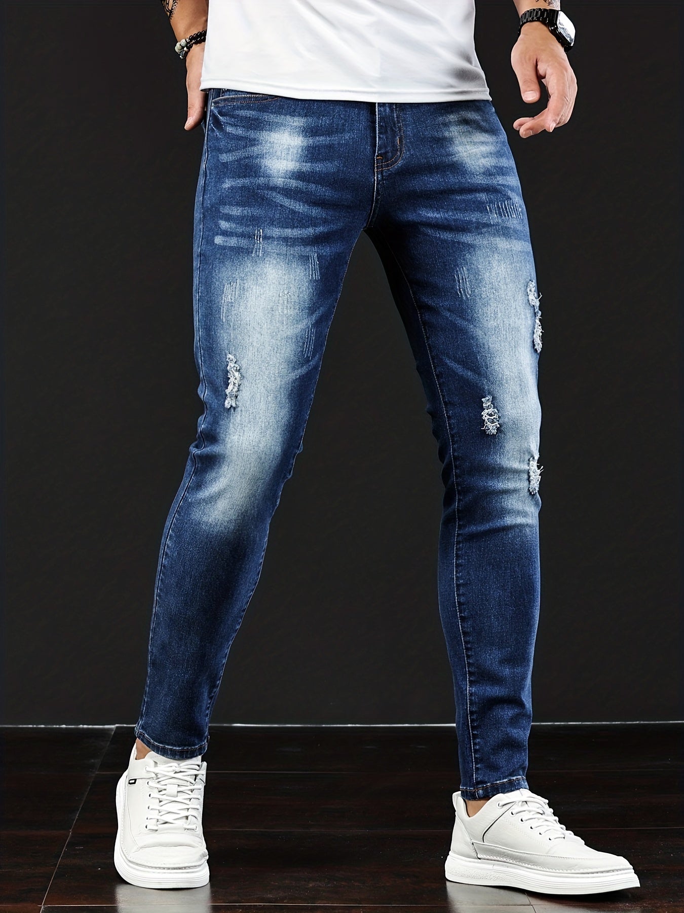 Maxct  Slim Fit Ripped Jeans, Men's Casual Street Style Distressed Medium Stretch Denim Pants