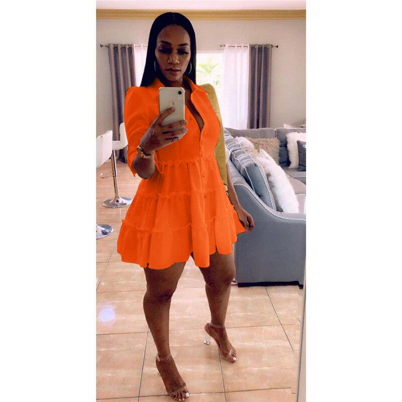 Solid Ruffles Shirt Dress Women Streetwear Half Sleeve Buttons Up High Waist Mini Dress Summer Casual Party Dresses