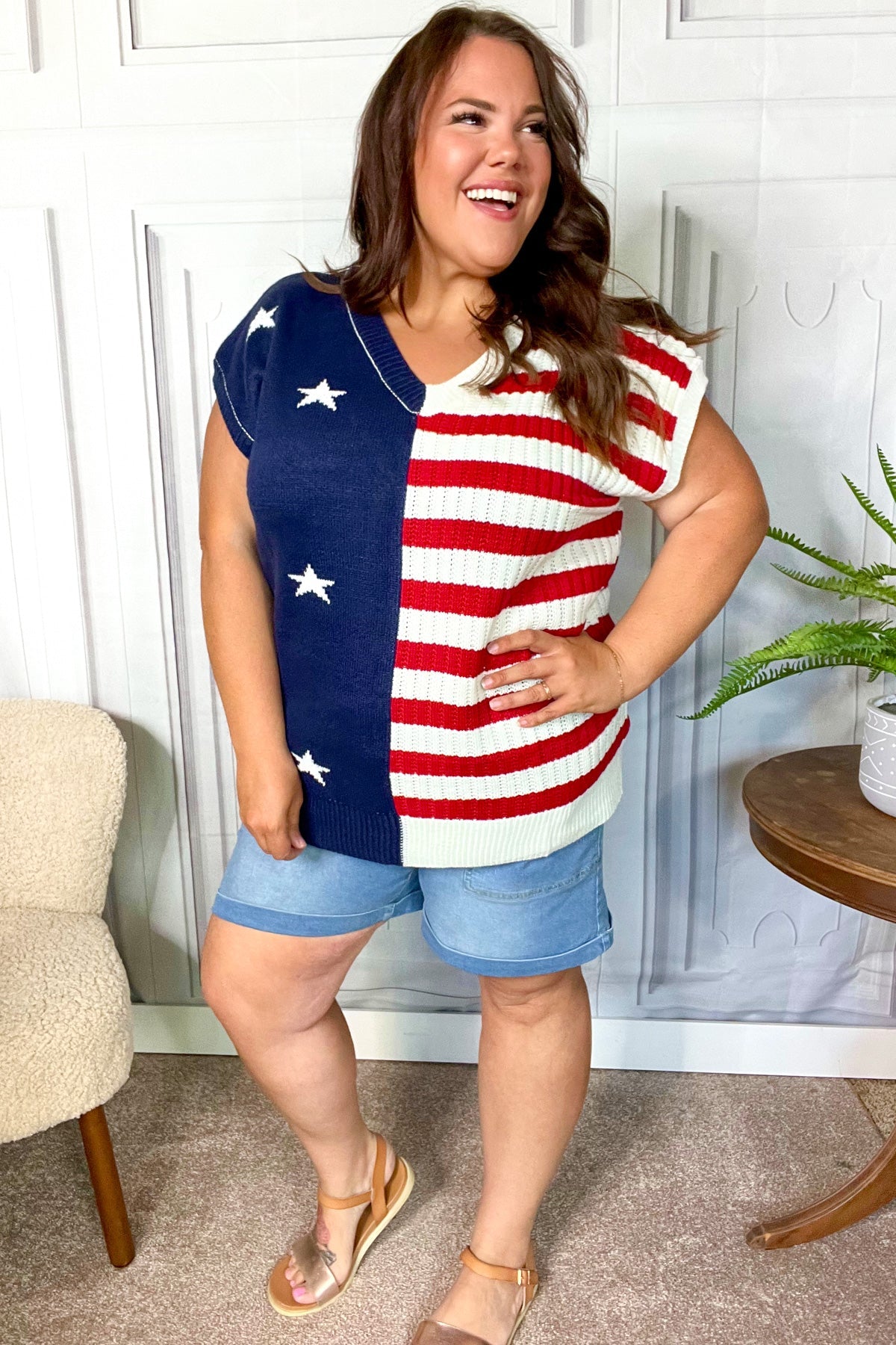 Maxct &Stars & Stripes Americana V Neck Dolman Sweater Top