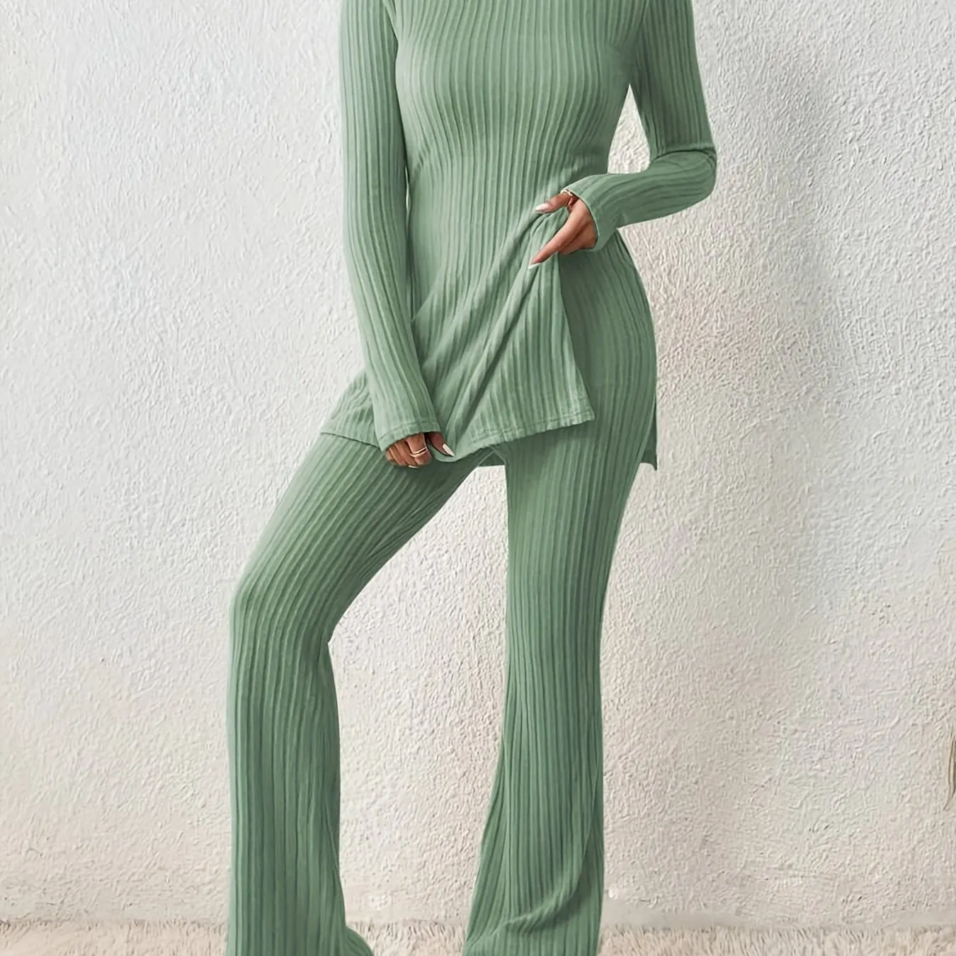 Maxct  Solid Textured Two-piece Set, Long Sleeve Slit Long Length Top & Skinny Pants Outfits, Women's Clothing