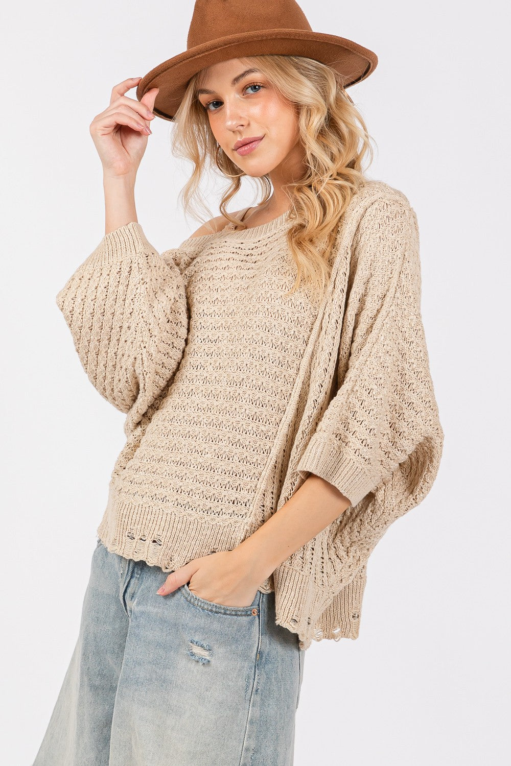 Maxct &SAGE + FIG Distressed Asymmetrical Open Stitch Sweater