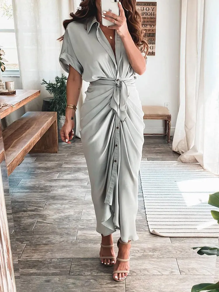 Satin Pleated Bandage Shirt Dress Maxct