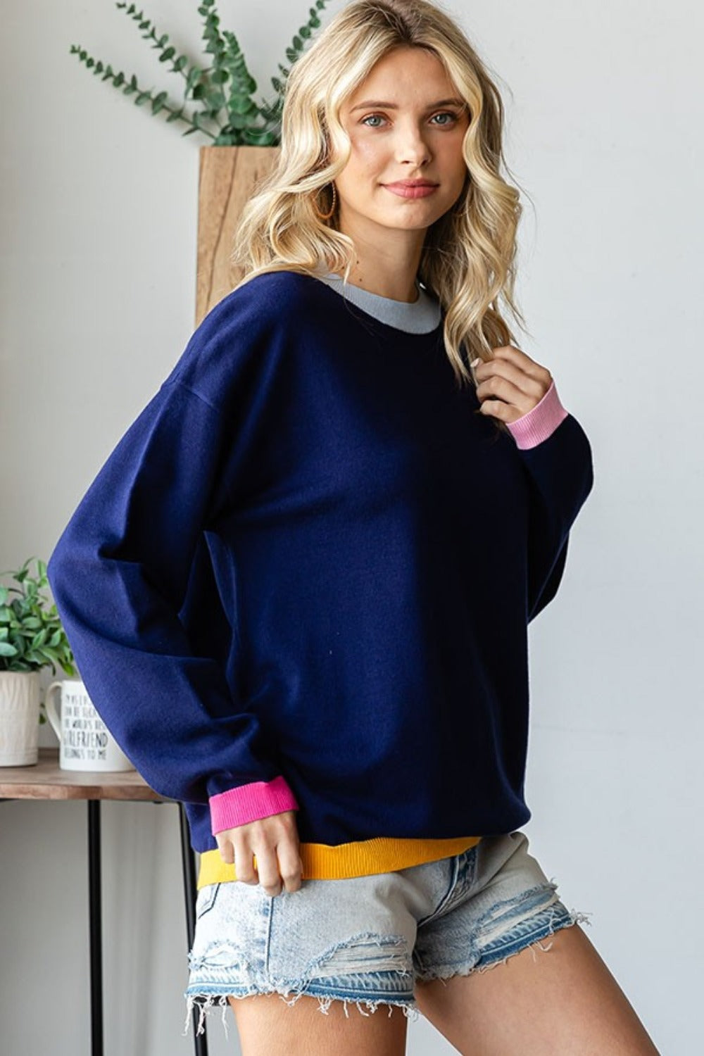 Maxct &First Love Contrast Ribbed Round Neck Long Sleeve Sweater