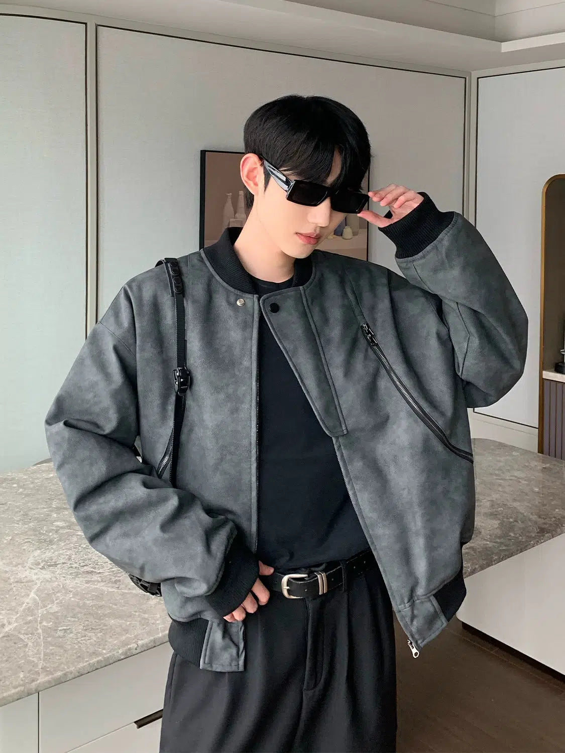 Maxct Washed Baseball Full Zip PU Leather Jacket