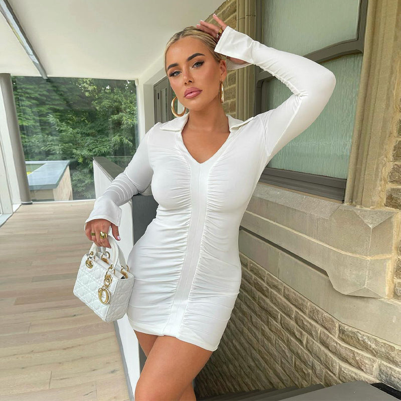 Voguable Solid Pleated Polo Neck Long Sleeves Mini Dress Streetwear Y2K Elegant Wear Maxct