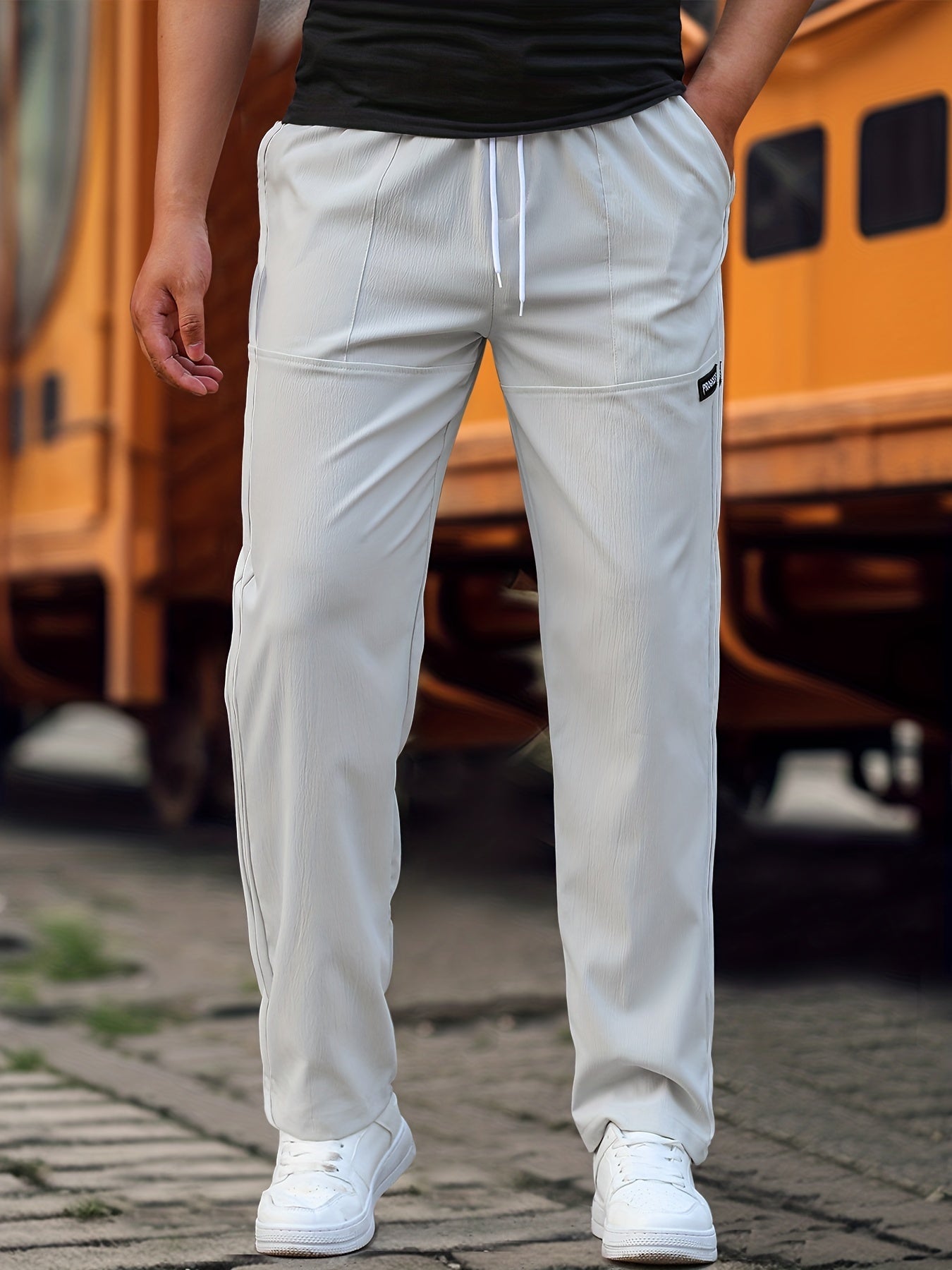 Maxct  Men's Straight Leg Casual Work Pants, Classic Design Waist Drawstring Joggers For Fitness
