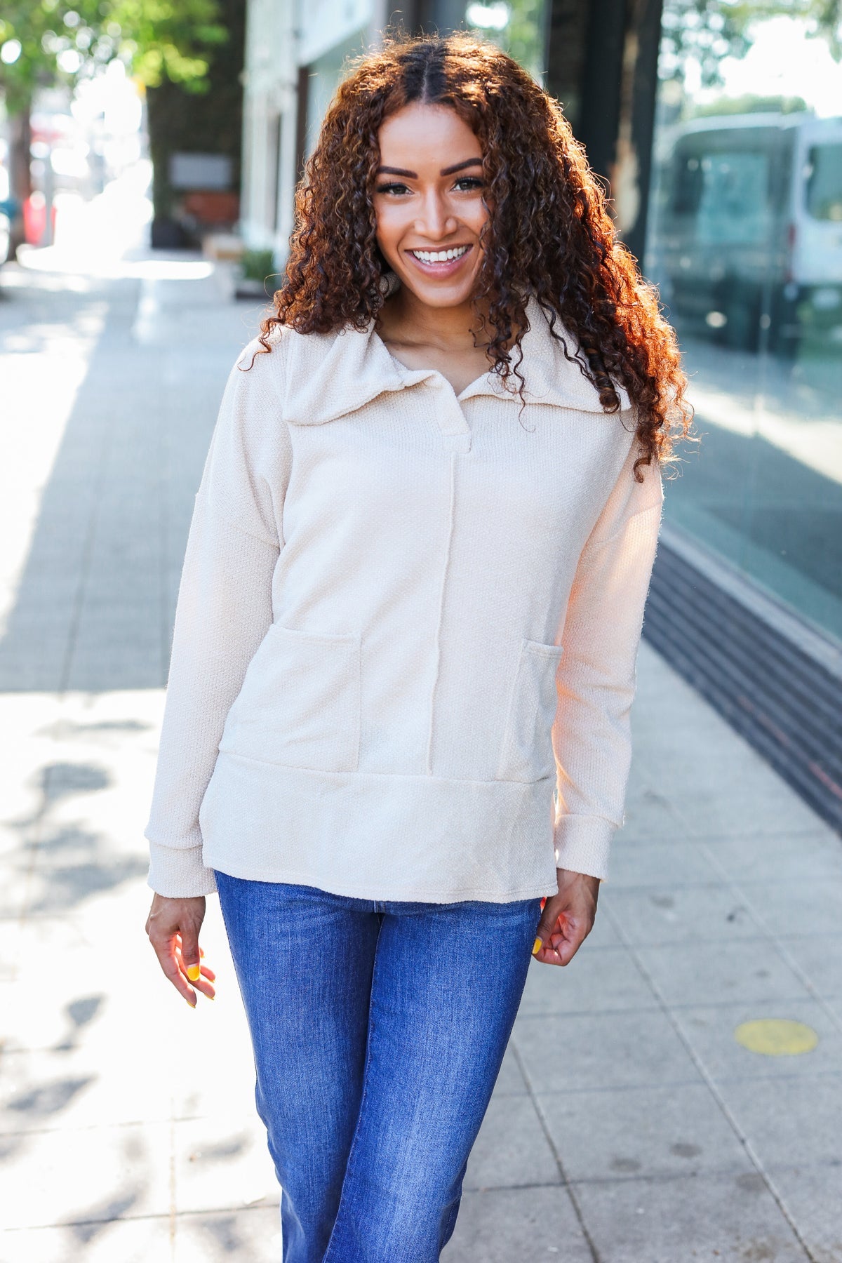 Maxct &Easy Living Oatmeal Textured Knit Notch Neck Oversized Collar Sweater