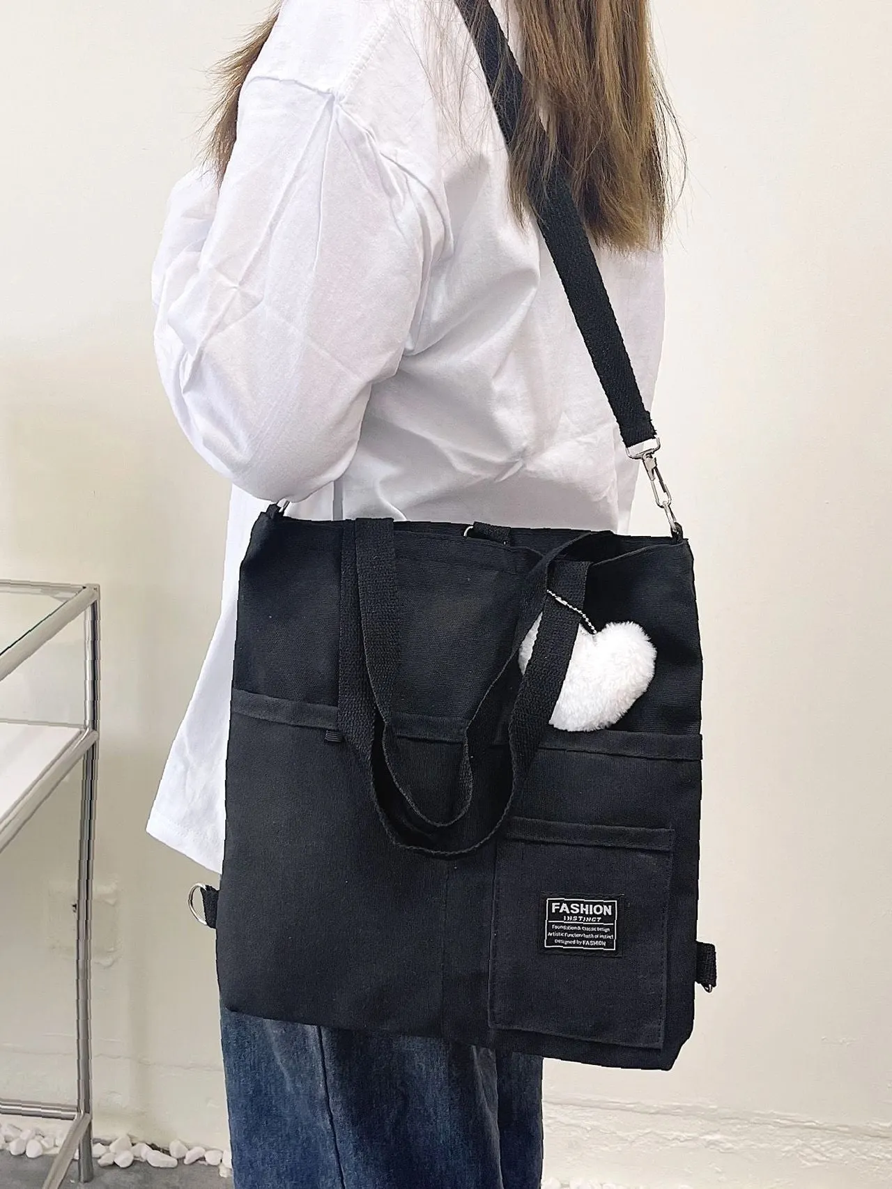 Maxct - Letter Graphic Shopper Bag with Bag Charm  - Women Tote Bags