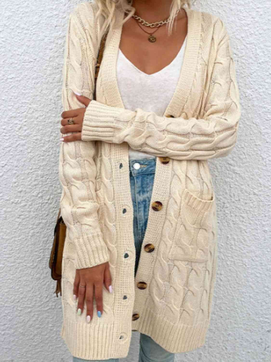 Maxct &Cable-Knit Button Down Cardigan with Pockets