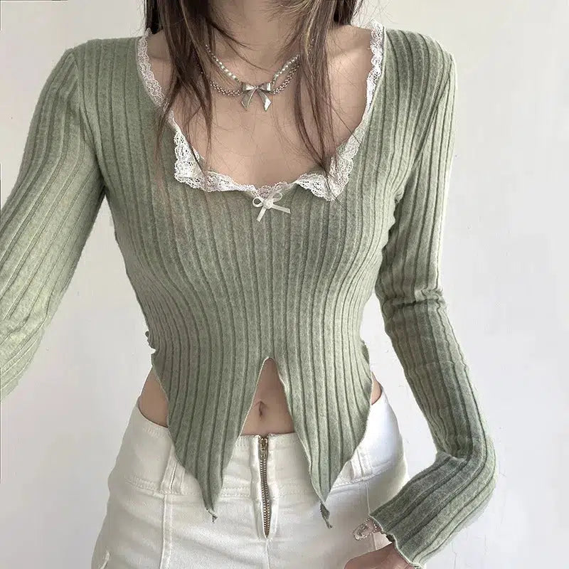 Maxct &Lace Trim Slit Plush Top