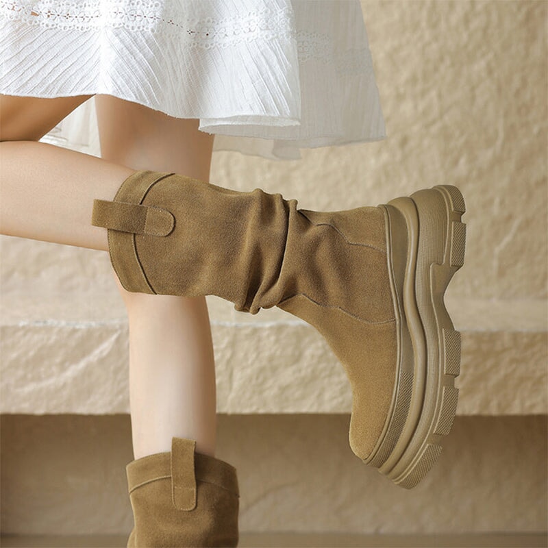 Suede Mid Calf Chunky Western Boots Maxct
