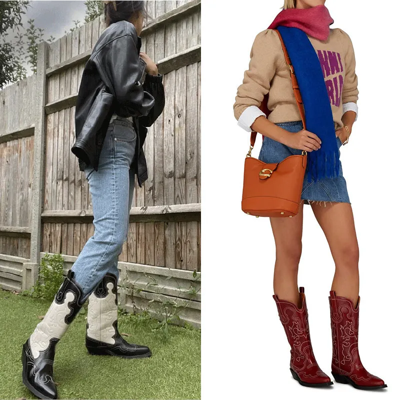 Womens Contrasting Embroidery Western Boots Mid Calf Cowboy Boots Maxct