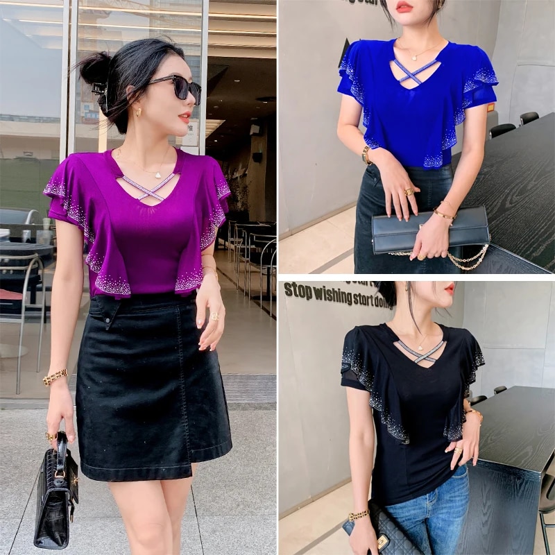 Maxct Ruffles Mesh T Shirts Women's Short Sleeve Fake Diamonds Crossed V Neck T-shirts Female Elegant Tops Tees BH6038