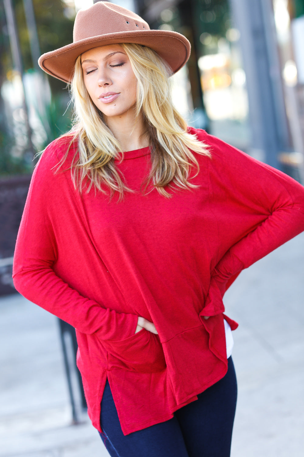 Maxct &Going My Way Red Hacci Dolman Pocketed Sweater Top