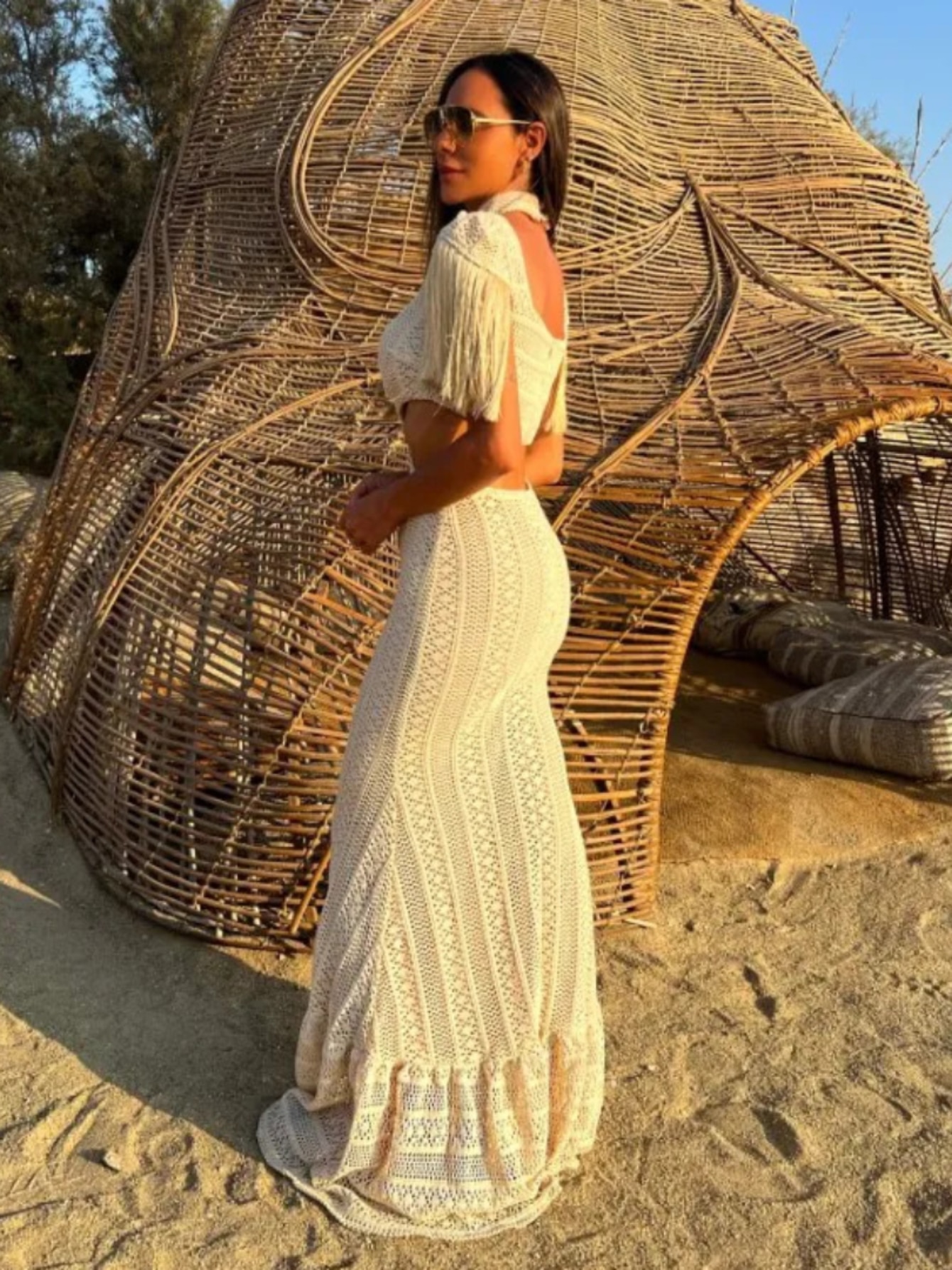 Maxct White Lace Women Dress Turtleneck Tassel Sleeve Slim Naked Waist Hollow Out Long Dress Summer Beach Female Knit Robe