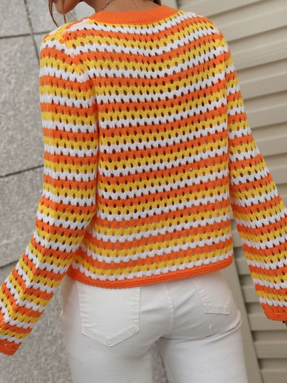 Maxct &Striped Openwork Long-Sleeve Knit Pullover