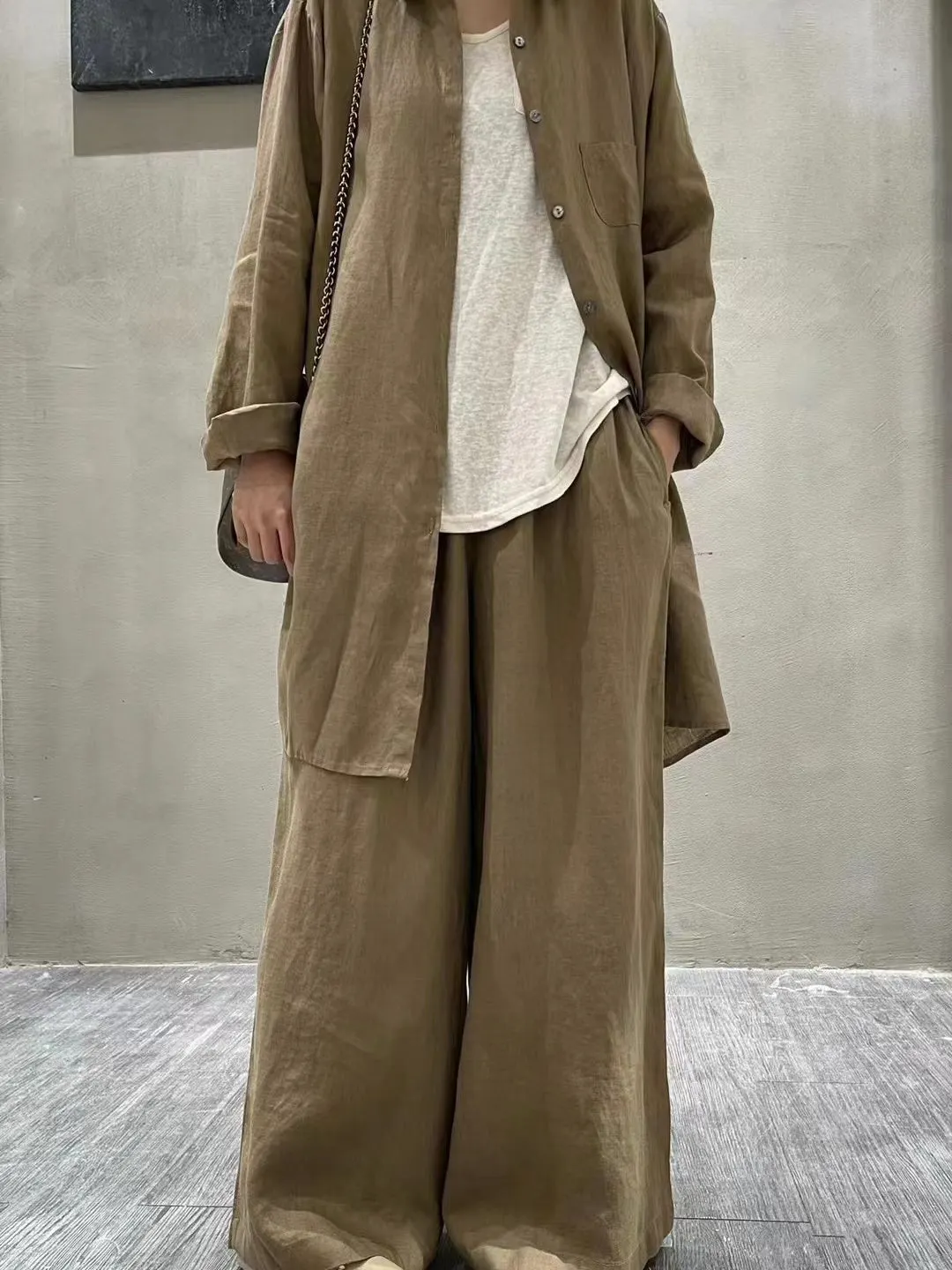 Maxct Retro Cotton Shirt&Wide-Leg Pants 2 Sets Suit