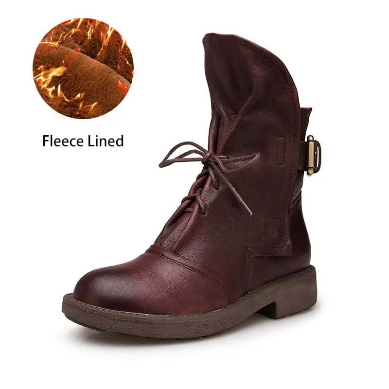 Womens Retro Sheepskin Short Boots for Winter Lace Up Buckles Boots Coffee/Black Maxct