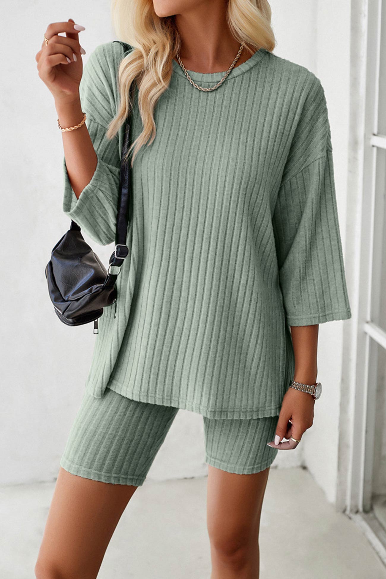 Maxct Ribbed Knit T-shirt Shorts Suits
