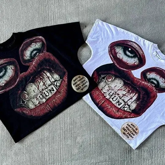 Maxct Y2K Cotton T Shirt Mens Womens Harajuku Hip Hop Big Eyes Mouth Graphic Printed Oversized T Shirt Retro Classic Short Sleeve Tops