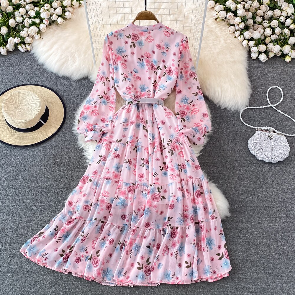 Floral Midi Dress Women Elegant V-Neck Lantern Long Sleeve High Waist Draped A-Line Casual Vestidos Female Spring Autumn