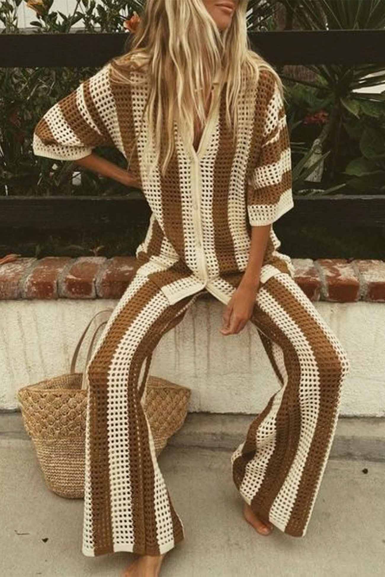 Maxct Contrast Stripe Hollow Long Pants Set