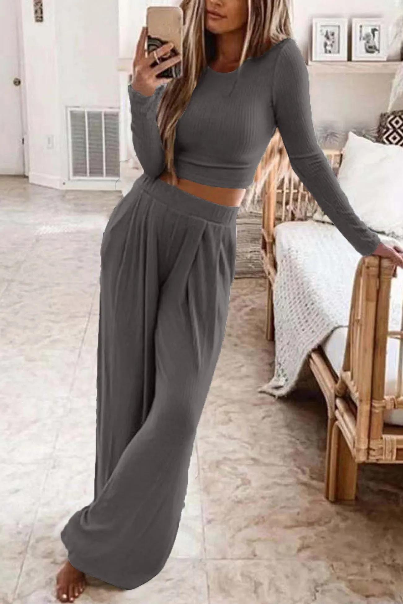 Maxct Solid Color Ribbed Crop Top Long Pants Set