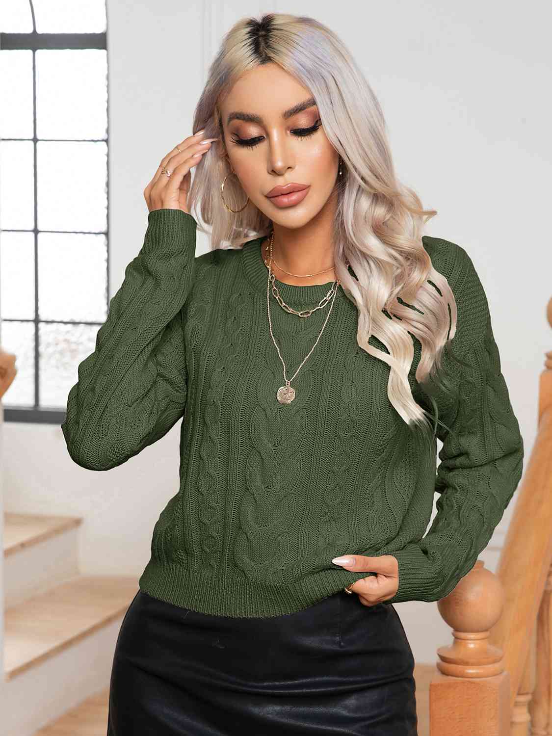 Maxct &Cable-Knit Round Neck Long Sleeve Sweater