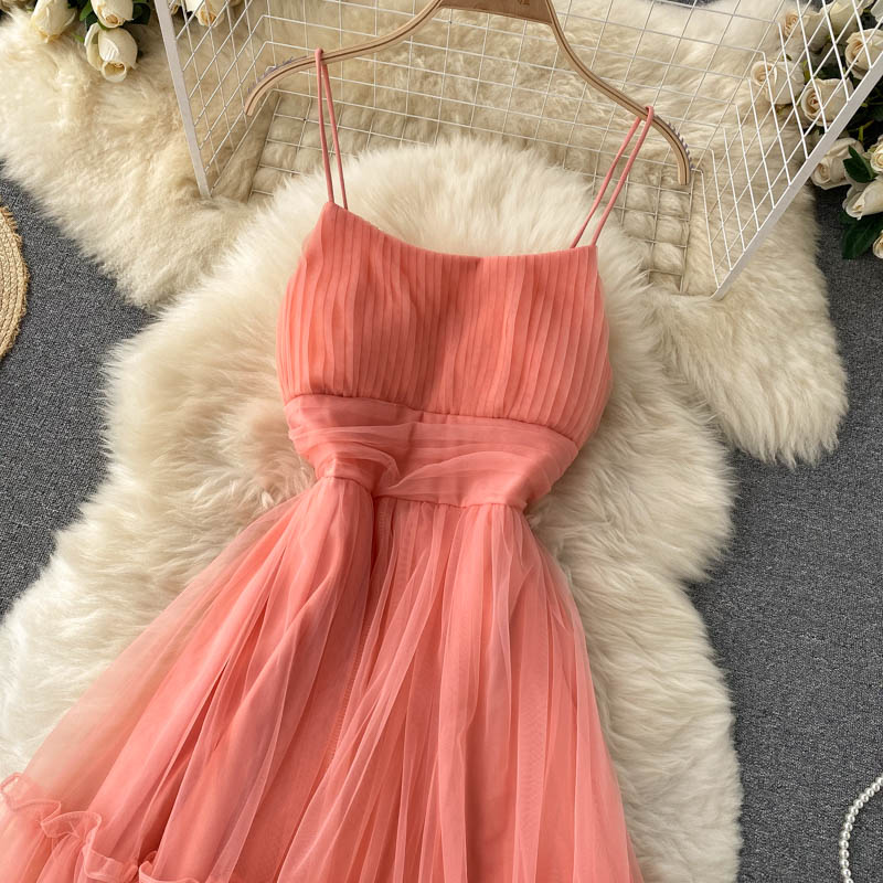 Women's Sexy Mesh Spaghetti Strap Long Dress Summer Orange/Purple/Blue/Pink Ruffle A-Line Beach Robe Female Elegant Party Vestidos