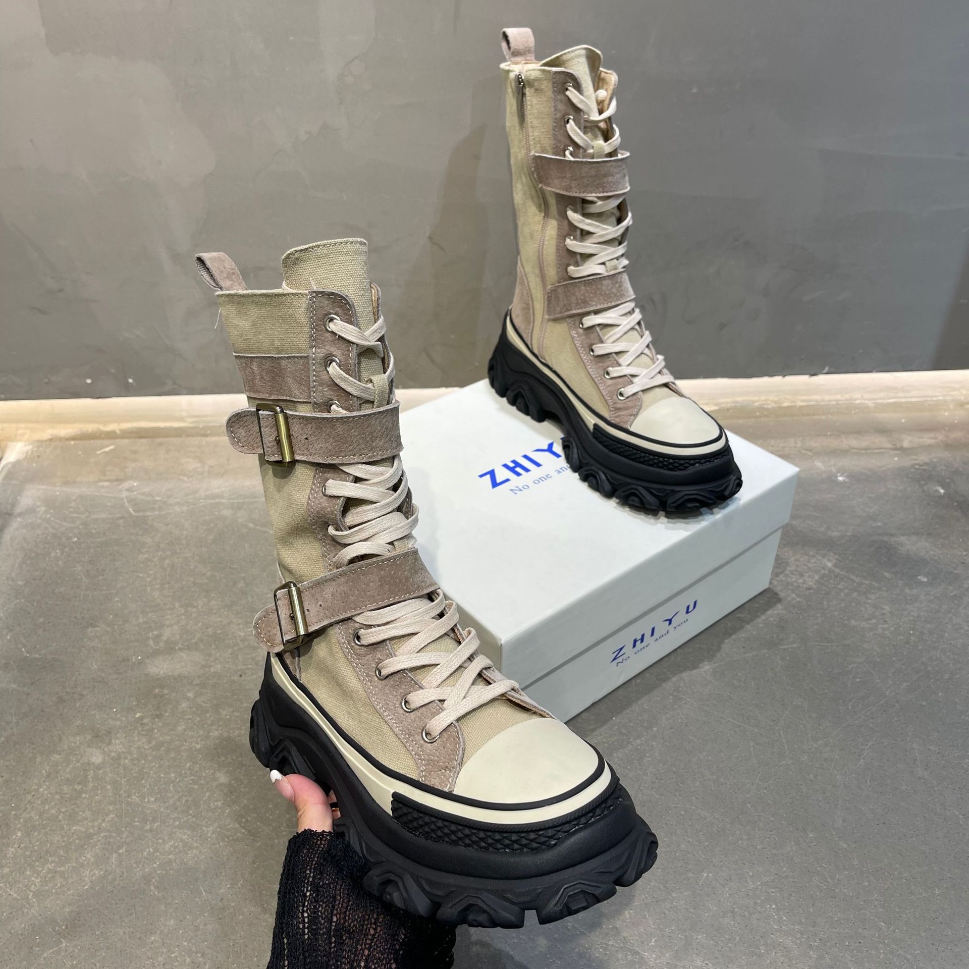Women's Mid-Calf Leather Motorcycle Boots with Chunky Soles - true deals club