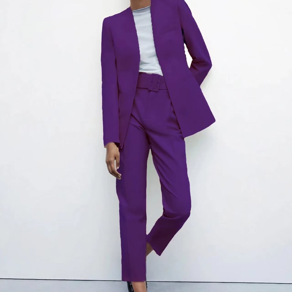 Maxct 2024 Women Fashion Two Pieces Sets Office Wear Blazers Coat And With Belt High Waist Pants Female