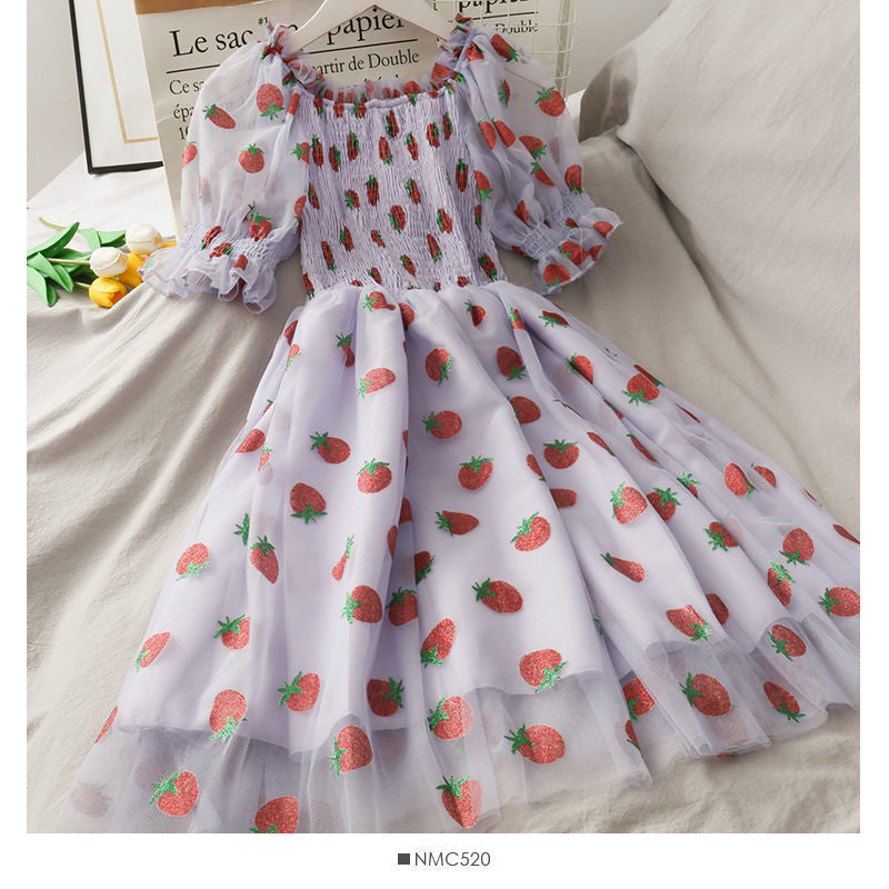 Strawberry Printed Elegant Chiffon Transparent Dress Maxct