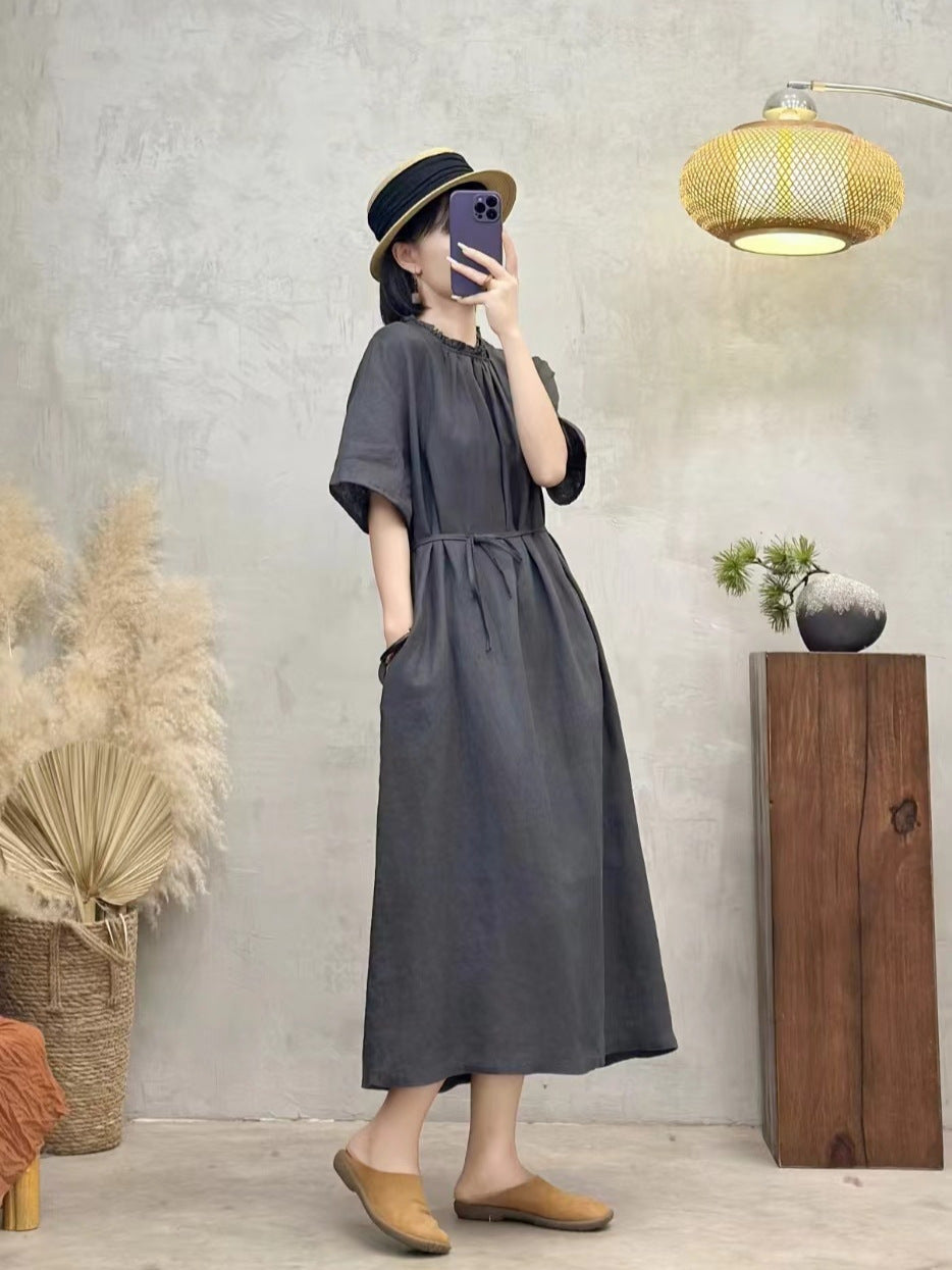 Maxct Retro Linen Ruffle Lapel Lace-Up Short Sleeves Dress