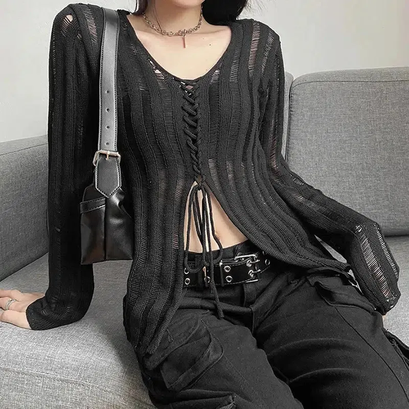 Maxct &Y2K Grunge Sheer Lace Up Knitted Top