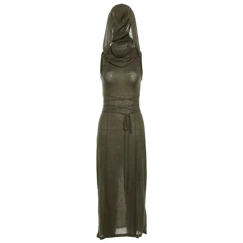 Wasteland Punk Dress y2k Solid Color Sleeveless Hollow Out Back Side Slit Hooded Dress 2000s Grunge Party Dresses Maxct
