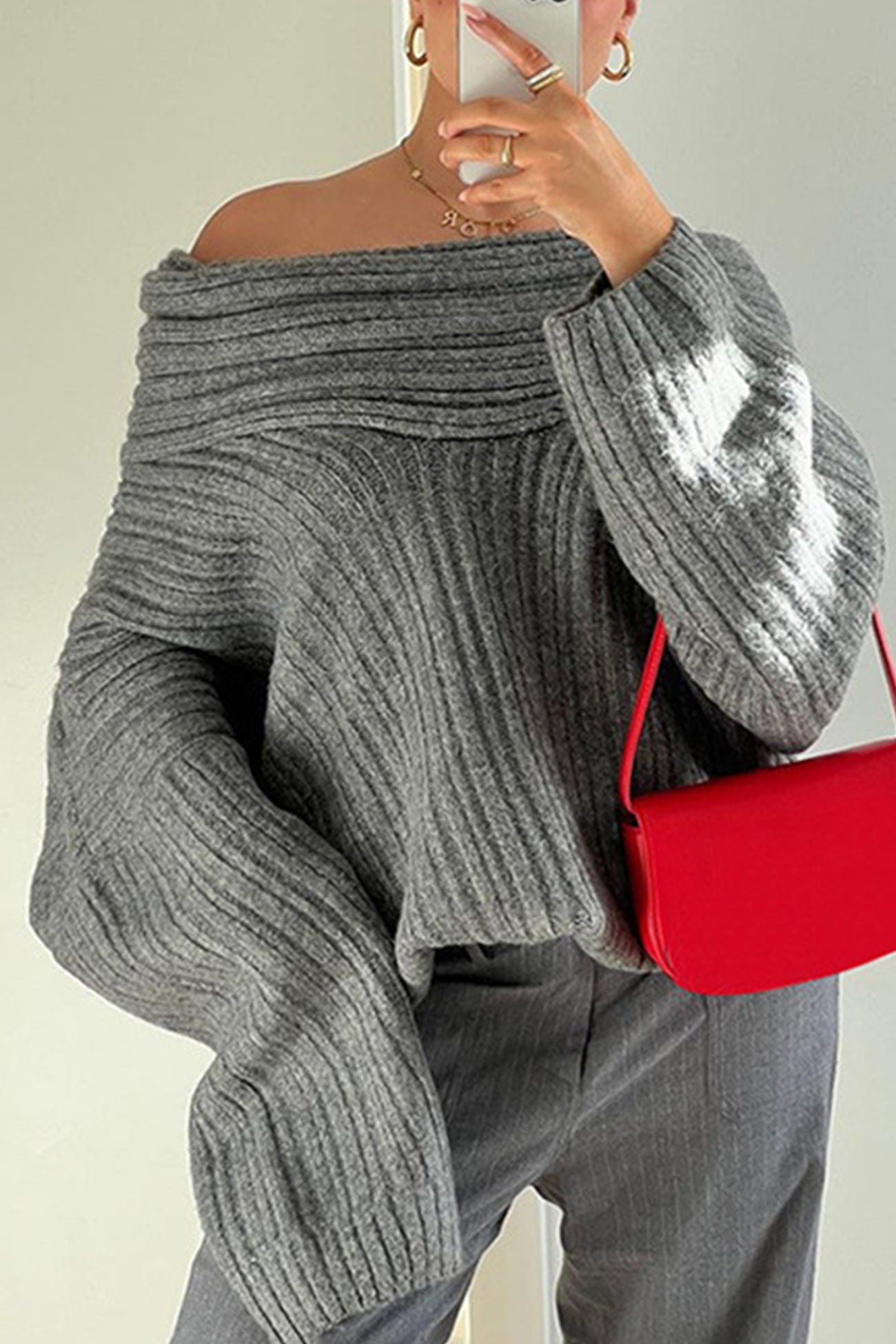Maxct-Off-Shoulder Sweater Midi Skirt Suits