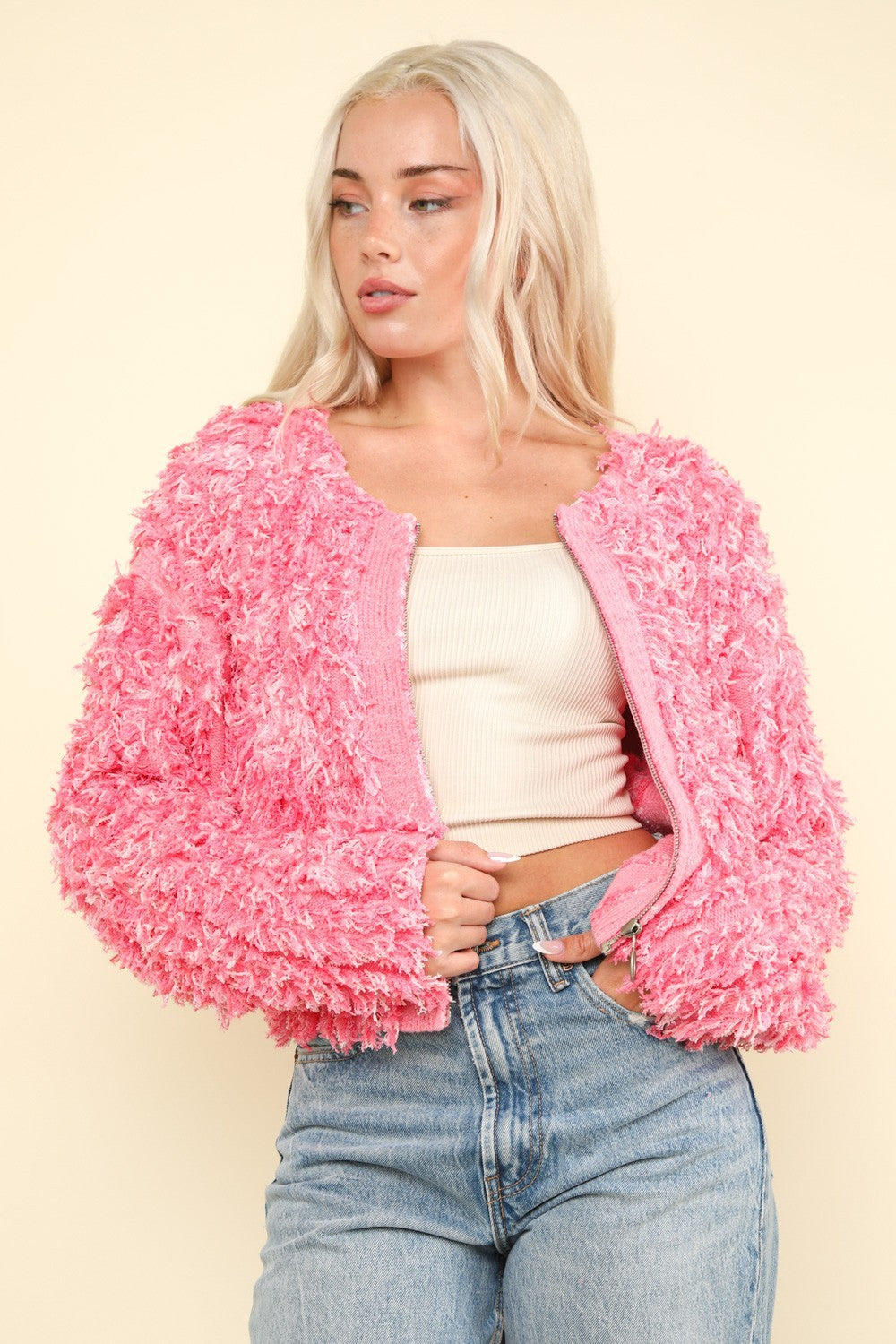 Maxct &VERY J Shaggy Yarn Knit Zip Up Jacket