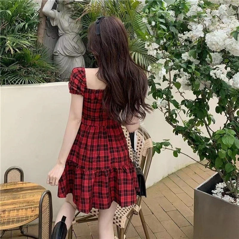 Cute Red Plaid Retro Sexy Dress Maxct