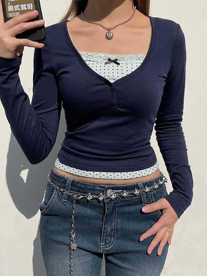 Maxct-Long Sleeve Mock Two Piece Lace-Trim Crop T-Shirt