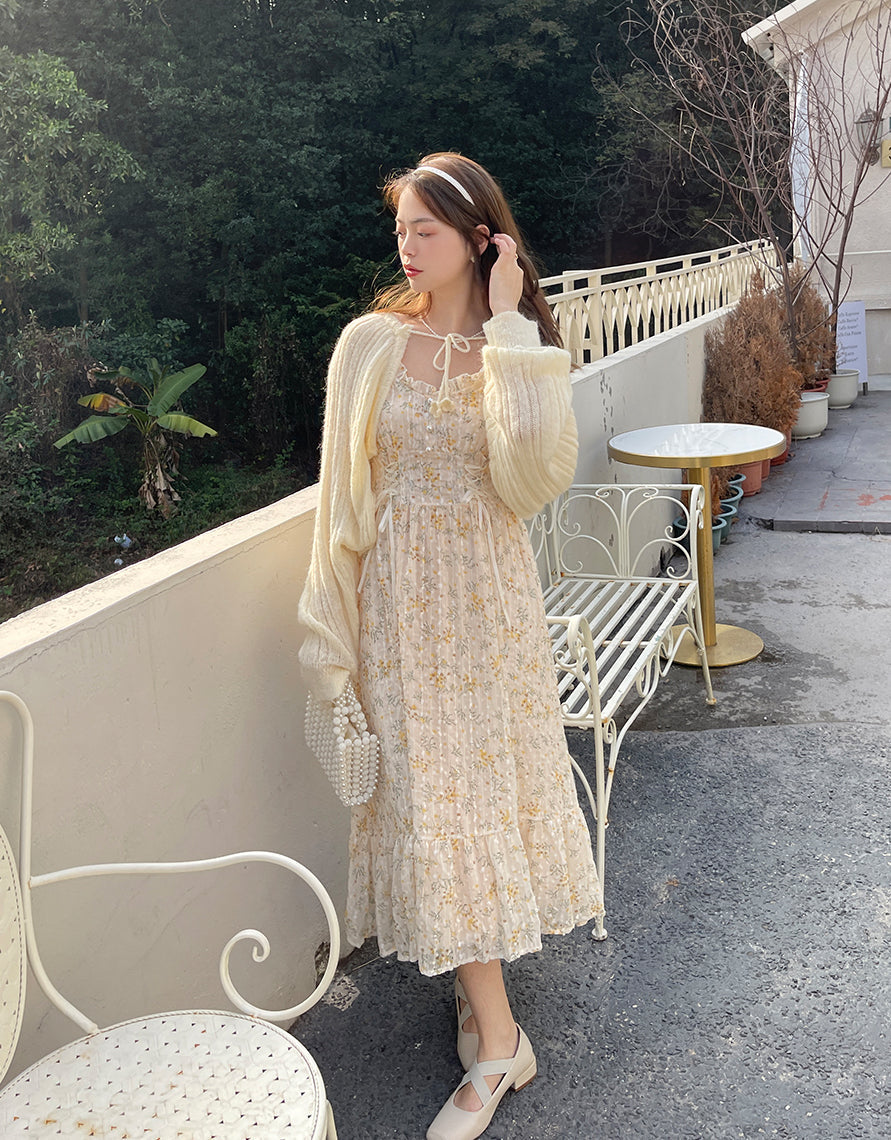 Ditsy Floral Lace Up Midi Dress Maxct