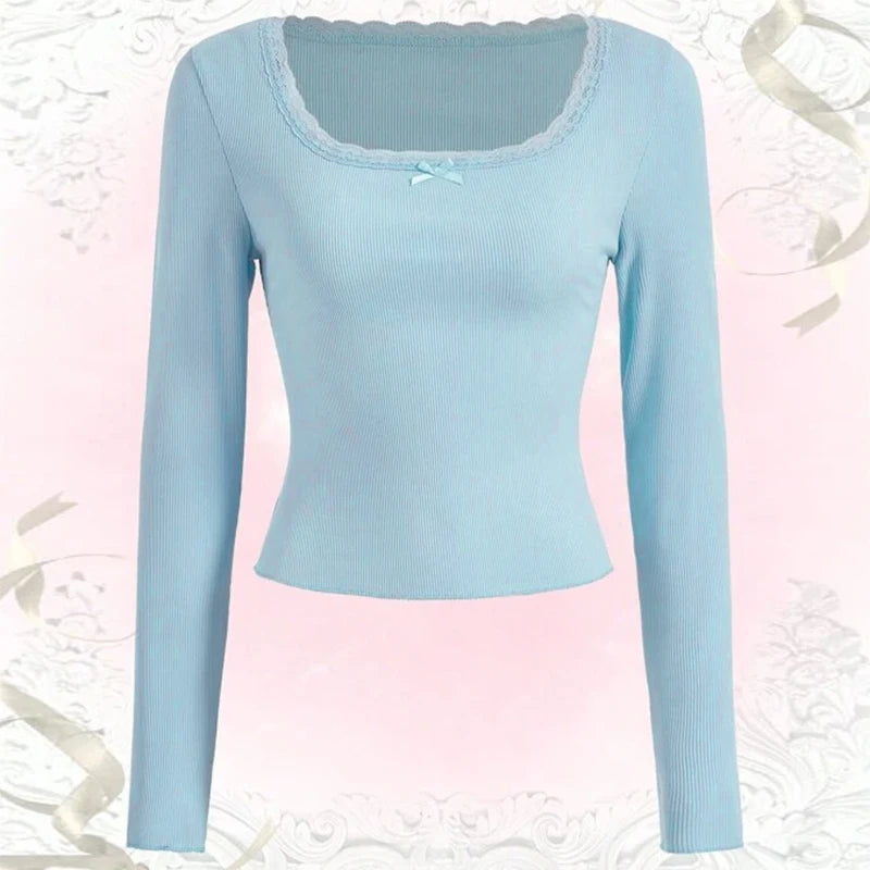 Maxct 2000s Retro Rib Knitted Long Sleeve Baby Tees Fairy Core Kawaii Lace Trim T-shirt Chic Women Y2K Vintage Cute Slim Fit T-shirt