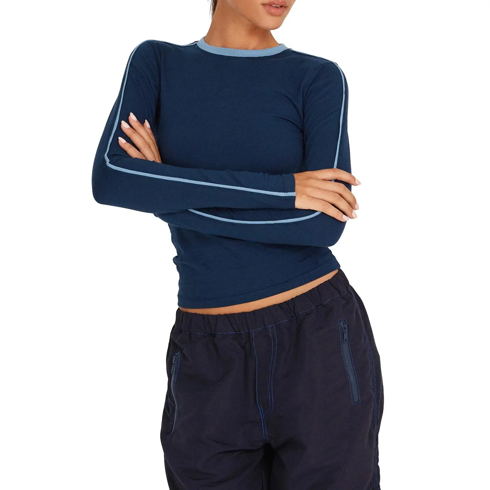 Maxct Women Y2K Vintage Retro Cleanfit Long Sleeve Short T-Shirts Patchwork Crew Neck Spring Fall Slim Fit Tops Streetwear