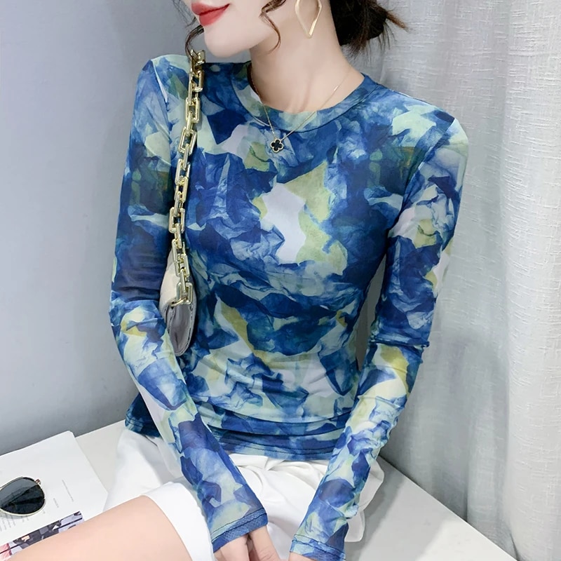 Maxct S-3XL Autumn Spring Full Sleeve O-Neck T-shirt Girls Solid Stretchy Printed Mesh TShirts Tops Women Tees