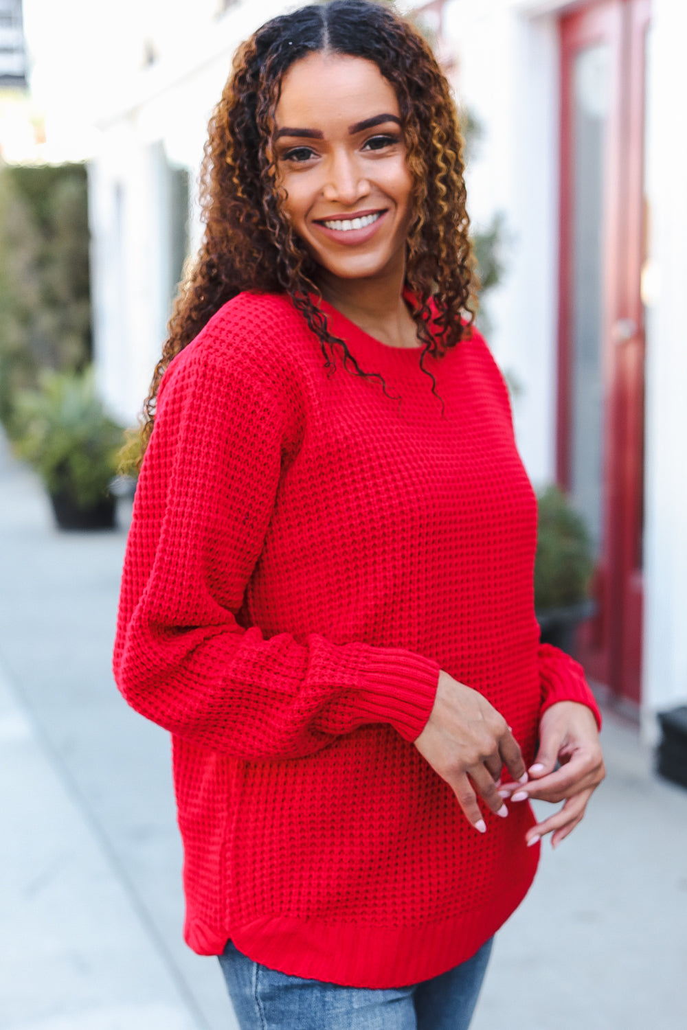 Maxct &All Present Christmas Red Waffle Knit Hi-Low Sweater
