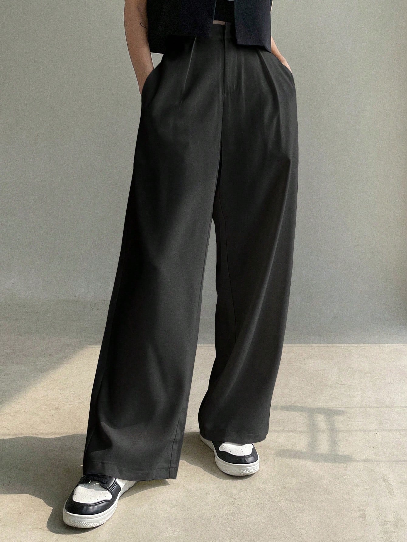 Maxct Solid Slant Pocket Wide Leg Suit Pants